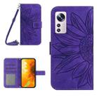 For Xiaomi 12 / 12X Skin Feel Sun Flower Pattern Flip Leather Phone Case with Lanyard(Dark Purple) - 1