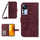 For Xiaomi 12T / 12T Pro Skin Feel Sun Flower Pattern Flip Leather Phone Case with Lanyard(Wine Red) - 1