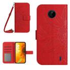 For Nokia C10 / C20 Skin Feel Sun Flower Pattern Flip Leather Phone Case with Lanyard(Red) - 1