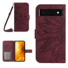 For Google Pixel 6 Pro Skin Feel Sun Flower Pattern Flip Leather Phone Case with Lanyard(Wine Red) - 1