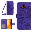 For Fujitsu Arrows F-52B Skin Feel Sun Flower Pattern Flip Leather Phone Case with Lanyard(Dark Purple) - 1