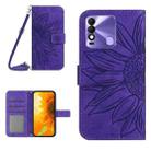 For Tecno Spark 8 Skin Feel Sun Flower Pattern Flip Leather Phone Case with Lanyard(Dark Purple) - 1