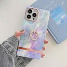 For iPhone 14 Ring Holder Square Plating Gold Edge Phone Case(Galaxy White Purple) - 1