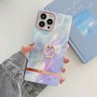 For iPhone 14 Pro Ring Holder Square Plating Gold Edge Phone Case(Galaxy White Purple) - 1