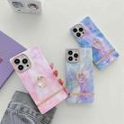 For iPhone 14 Pro Ring Holder Square Plating Gold Edge Phone Case(Galaxy White Purple) - 6