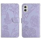 For Motorola Moto E22 4G HT03 Skin Feel Butterfly Embossed Flip Leather Phone Case(Purple) - 1