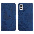 For Motorola Moto E22 4G HT03 Skin Feel Butterfly Embossed Flip Leather Phone Case(Blue) - 1