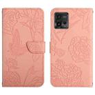 For Motorola Moto G72 4G HT03 Skin Feel Butterfly Embossed Flip Leather Phone Case(Pink) - 1