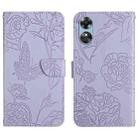 For OPPO A17 HT03 Skin Feel Butterfly Embossed Flip Leather Phone Case(Purple) - 1