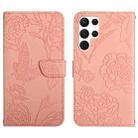 For Samsung Galaxy S23 Ultra 5G HT03 Skin Feel Butterfly Embossed Flip Leather Phone Case(Pink) - 1