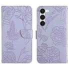 For Samsung Galaxy S23 5G HT03 Skin Feel Butterfly Embossed Flip Leather Phone Case(Purple) - 1