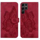 For Samsung Galaxy S23 Ultra 5G Retro Skin Feel Butterflies Embossing Horizontal Flip Leather Phone Case(Red) - 1