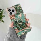 For iPhone 14 Pro Max Ring Holder Square Plating Gold Edge Phone Case(Green Leaf) - 1