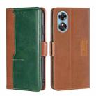 For OPPO A17 Contrast Color Side Buckle Leather Phone Case(Light Brown+Green) - 1