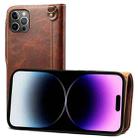 For iPhone 14 Pro Max Denior Oil Wax Cowhide Magnetic Button Genuine Leather Case(Brown) - 1