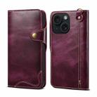 For iPhone 14 Plus Denior Oil Wax Cowhide Magnetic Button Genuine Leather Case (Purple) - 1