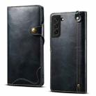 For Samsung Galaxy S21 5G Denior Oil Wax Cowhide Magnetic Button Genuine Leather Case(Dark Blue) - 1