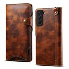 For Samsung Galaxy S21+ 5G Denior Oil Wax Cowhide Magnetic Button Genuine Leather Case(Brown) - 1