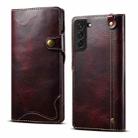 For Samsung Galaxy S21+ 5G Denior Oil Wax Cowhide Magnetic Button Genuine Leather Case(Dark Red) - 1