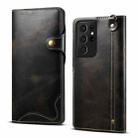 For Samsung Galaxy S21 Ultra 5G Denior Oil Wax Cowhide Magnetic Button Genuine Leather Case(Black) - 1