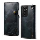For Samsung Galaxy S21 Ultra 5G Denior Oil Wax Cowhide Magnetic Button Genuine Leather Case(Dark Blue) - 1