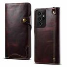 For Samsung Galaxy S21 Ultra 5G Denior Oil Wax Cowhide Magnetic Button Genuine Leather Case(Dark Red) - 1