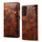 For Samsung Galaxy S22+ 5G Denior Oil Wax Cowhide Magnetic Button Genuine Leather Case(Brown) - 1