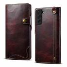 For Samsung Galaxy S22+ 5G Denior Oil Wax Cowhide Magnetic Button Genuine Leather Case(Dark Red) - 1