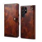 For Samsung Galaxy S22 Ultra 5G Denior Oil Wax Cowhide Magnetic Button Genuine Leather Case(Brown) - 1