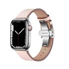 Butterfly Buckle Genuine Leather Watch Band For Apple Watch Ultra 49mm / Series 8&7 45mm / SE 2&6&SE&5&4 44mm / 3&2&1 42mm(Light Pink+Silver Buckle) - 1