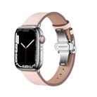 Butterfly Buckle Genuine Leather Watch Band For Apple Watch Ultra 49mm&Watch Ultra 2 49mm / Series 9&8&7 45mm / SE 3&SE 2&6&SE&5&4 44mm / 3&2&1 42mm(Light Pink+Silver Buckle) - 1