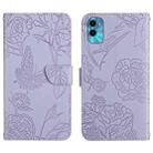 For Motorola Moto E22s HT03 Skin Feel Butterfly Embossed Flip Leather Phone Case(Purple) - 1