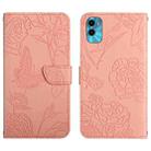 For Motorola Moto E22s HT03 Skin Feel Butterfly Embossed Flip Leather Phone Case(Pink) - 1