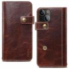 For iPhone 13 Denior Oil Wax Cowhide DK Magnetic Button Leather Phone Case(Brown) - 1