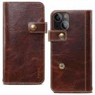 For iPhone 14 Denior Oil Wax Cowhide DK Magnetic Button Leather Phone Case(Brown) - 1