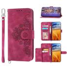 For OPPO A17 4G Skin-feel Flowers Embossed Wallet Leather Phone Case(Wine Red) - 1