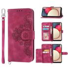 For Sharp Simple Sumaho 5 Skin-feel Flowers Embossed Wallet Leather Phone Case(Wine Red) - 1
