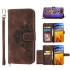 For Sharp Aquos R7 / P7 Skin-feel Flowers Embossed Wallet Leather Phone Case(Brown) - 1