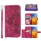 For Sharp Aquos Sense7 Skin-feel Flowers Embossed Wallet Leather Phone Case(Wine Red) - 1