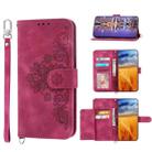 For Samsung Galaxy S23 5G Skin-feel Flowers Embossed Wallet Leather Phone Case(Wine Red) - 1