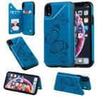 For iPhone XR Butterfly Embossing Pattern Shockproof Protective Case with Holder & Card Slots & Photo Frame(Blue) - 1