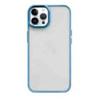 For iPhone 14 Pro Max Clear Acrylic Soft TPU Phone Case with Metal Button(Sierra Blue) - 1