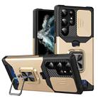 For Samsung Galaxy S23 Ultra 5G Sliding Camshield Phone Case with Ring Holder & Card Slot(Gold) - 1