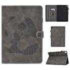 For iPad 10.2 Embossing Sewing Thread Horizontal Painted Flat Leather Case with Sleep Function & Pen Cover & Anti Skid Strip & Card Slot & Holder(Gray) - 1