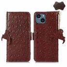For iPhone 14 Ostrich Pattern Genuine Leather RFID Phone Case(Coffee) - 1
