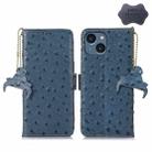 For iPhone 14 Plus Ostrich Pattern Genuine Leather RFID Phone Case(Blue) - 1