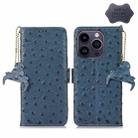 For iPhone 14 Pro Max Ostrich Pattern Genuine Leather RFID Phone Case(Blue) - 1