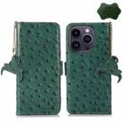 For iPhone 15 Pro Ostrich Pattern Genuine Leather RFID Phone Case(Green) - 1