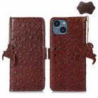 For iPhone 15 Plus Ostrich Pattern Genuine Leather RFID Phone Case(Coffee) - 1