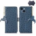 For iPhone 15 Plus Ostrich Pattern Genuine Leather RFID Phone Case(Blue) - 1